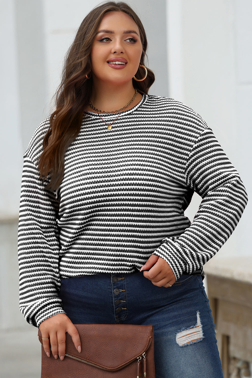 Rose Stripe Round Neck Drop Shoulder Long Sleeve Top - eAura
