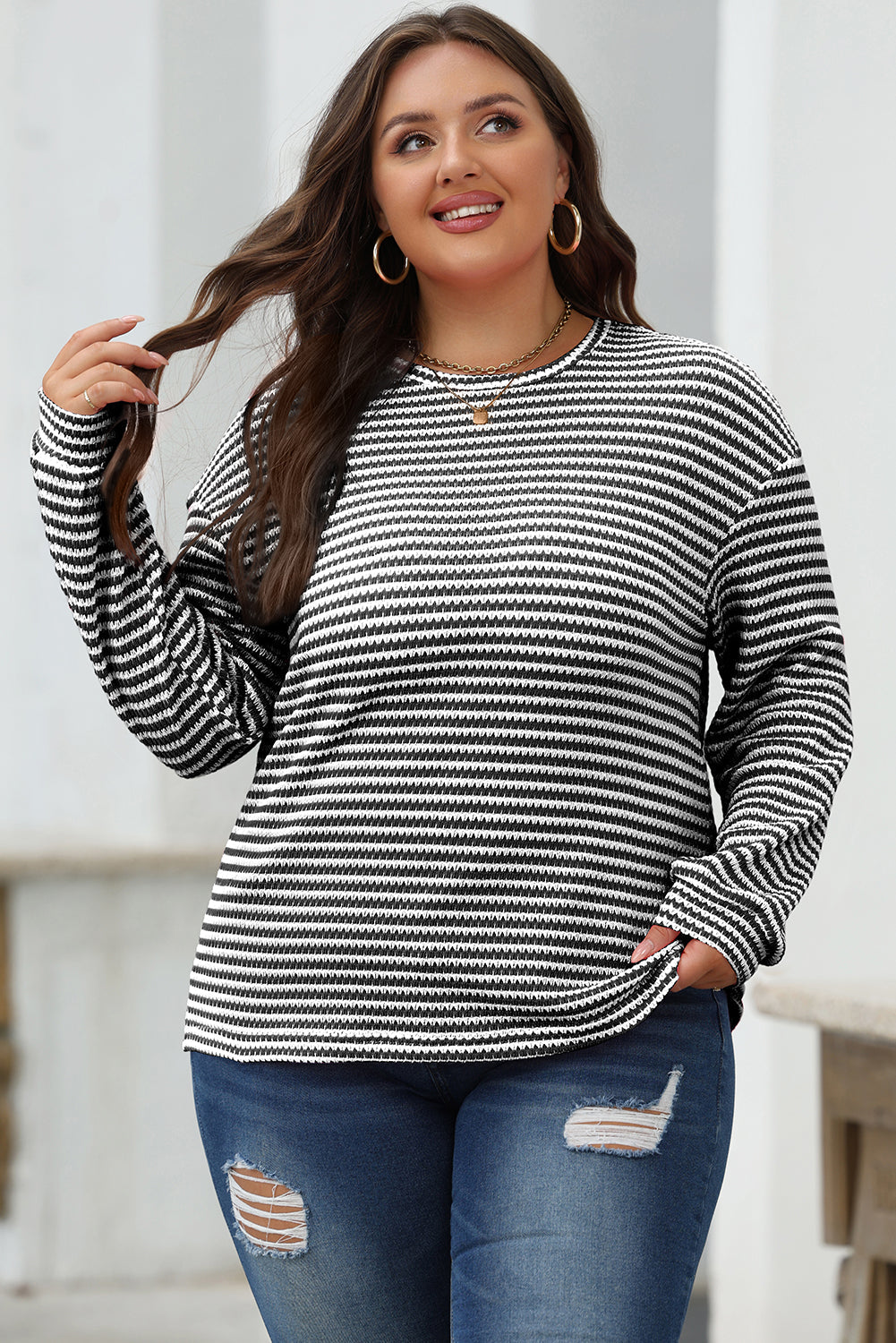 Rose Stripe Round Neck Drop Shoulder Long Sleeve Top - eAura