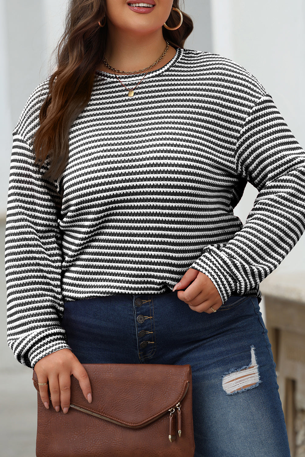 Rose Stripe Round Neck Drop Shoulder Long Sleeve Top - eAura