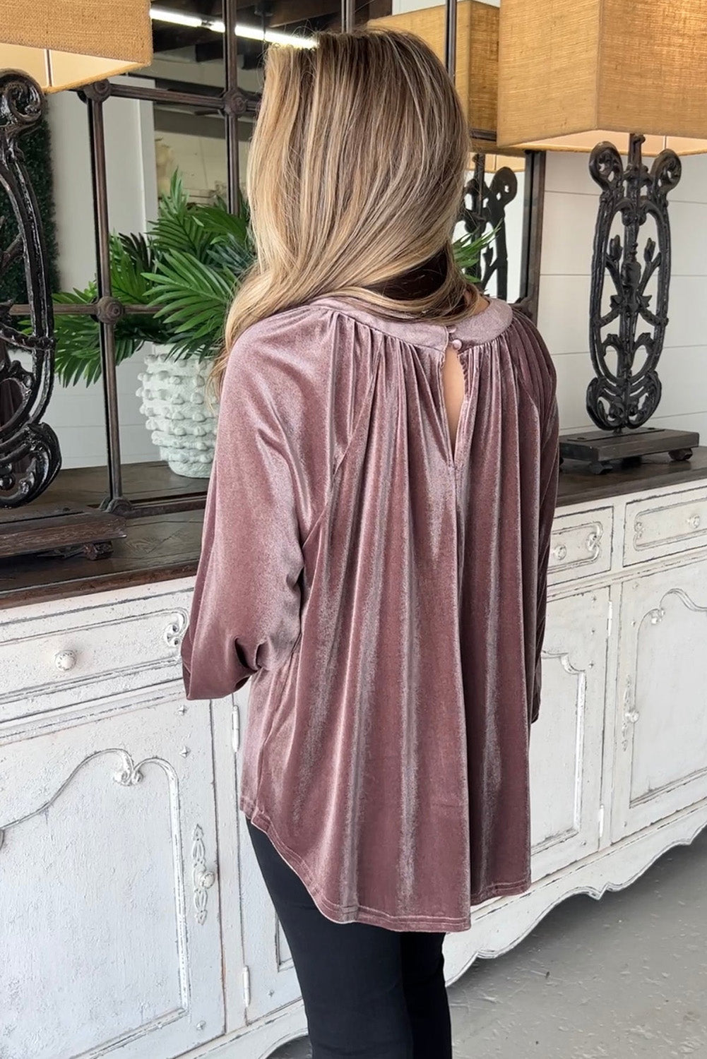 Rose Tan Button Keyhole Back Velvet Swing Top - eAura