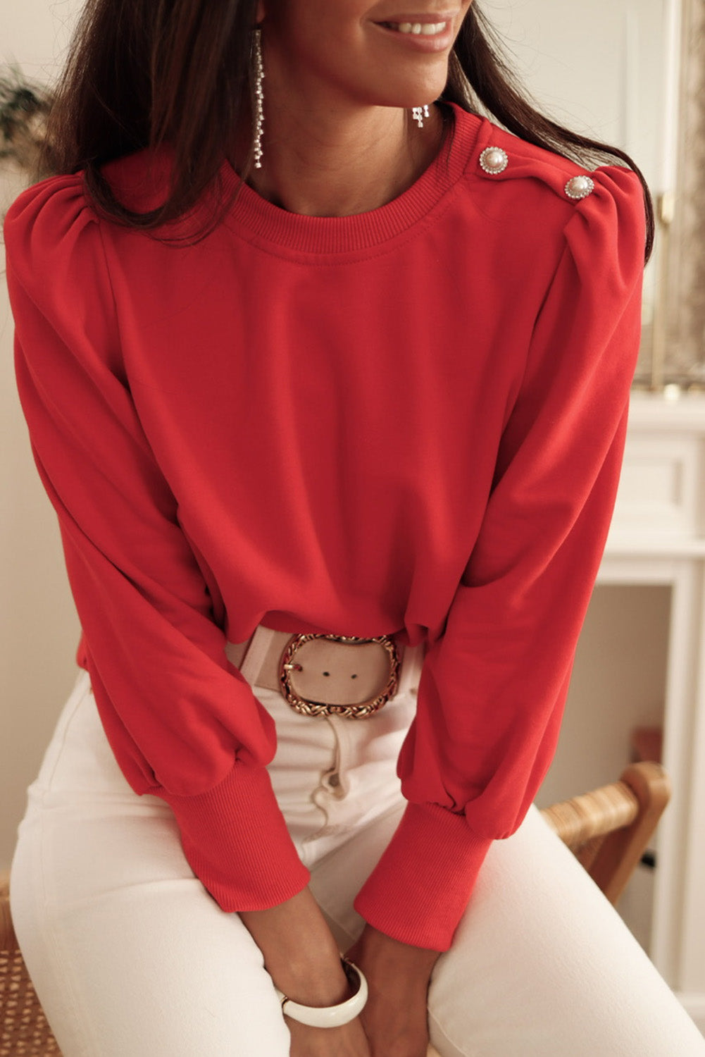 Rose Tan Button Tab Detail Long Sleeve Top - eAura
