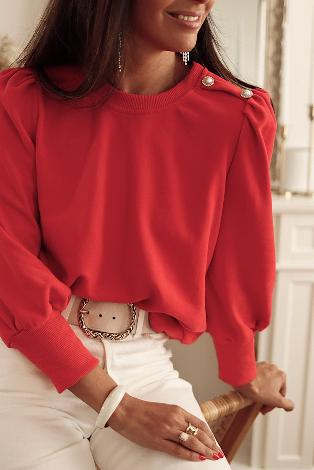 Rose Tan Button Tab Detail Long Sleeve Top - eAura