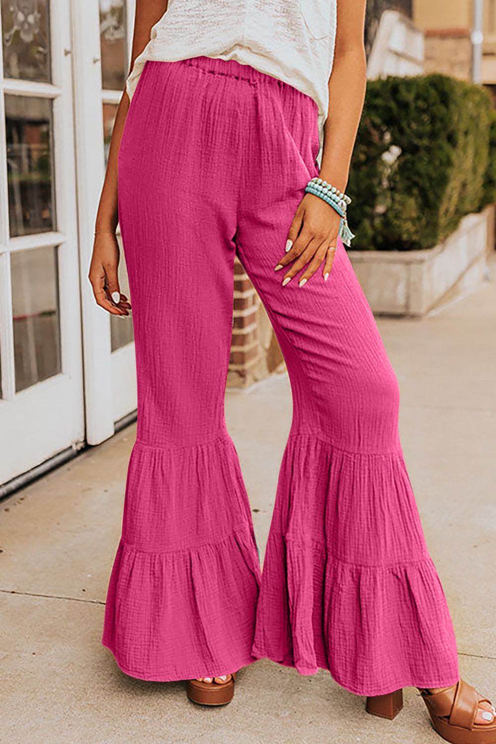 Rose Textured High Waist Ruffled Bell Bottom Trousers - ROSE / S / 100% COTTON - Bottoms/Wide Leg
