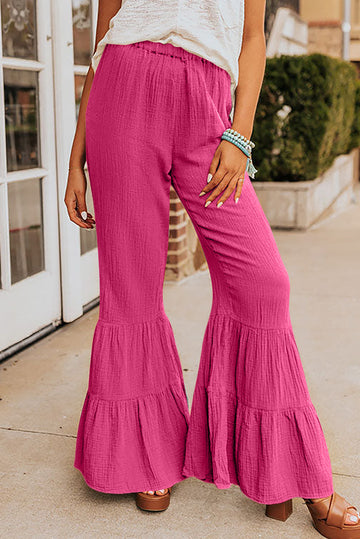 Rose Textured High Waist Ruffled Bell Bottom Trousers - ROSE / S / 100% COTTON - Bottoms/Wide Leg