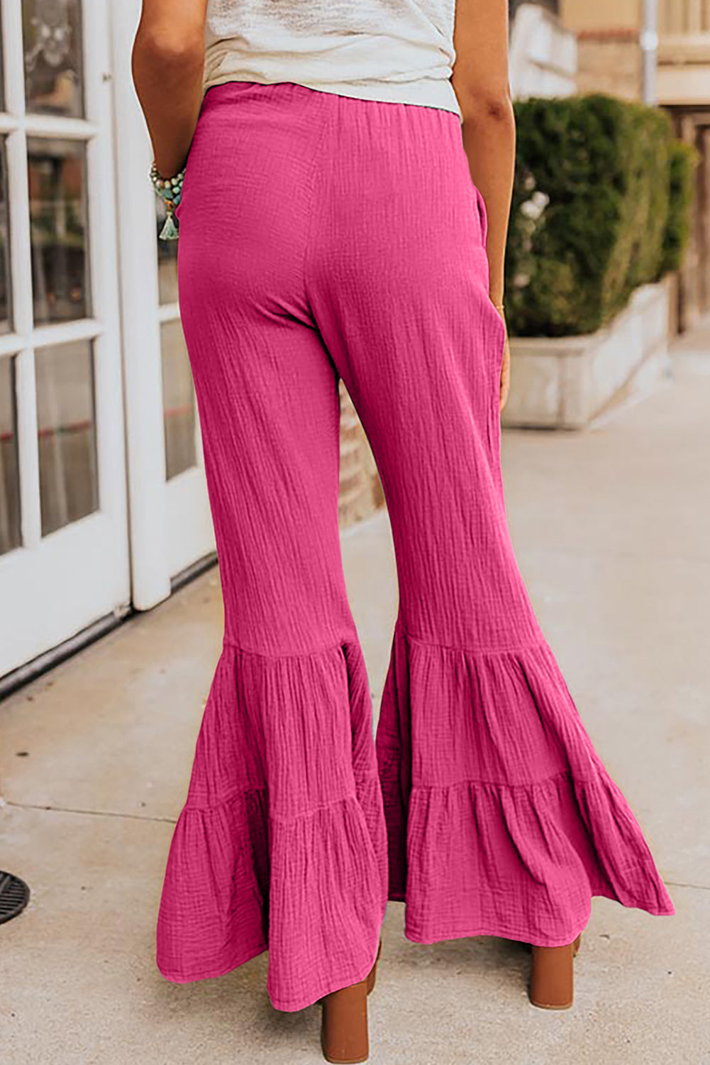 Rose Textured High Waist Ruffled Bell Bottom Trousers - Bottoms/Wide Leg