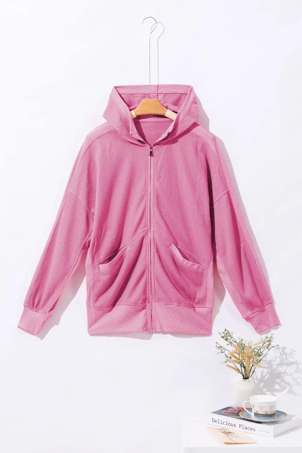 Rose Thermal Waffle Knit Full Zipper Hooded Jacket - eAura