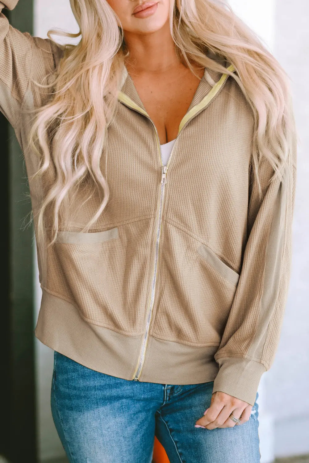 Rose Thermal Waffle Knit Full Zipper Hooded Jacket - eAura