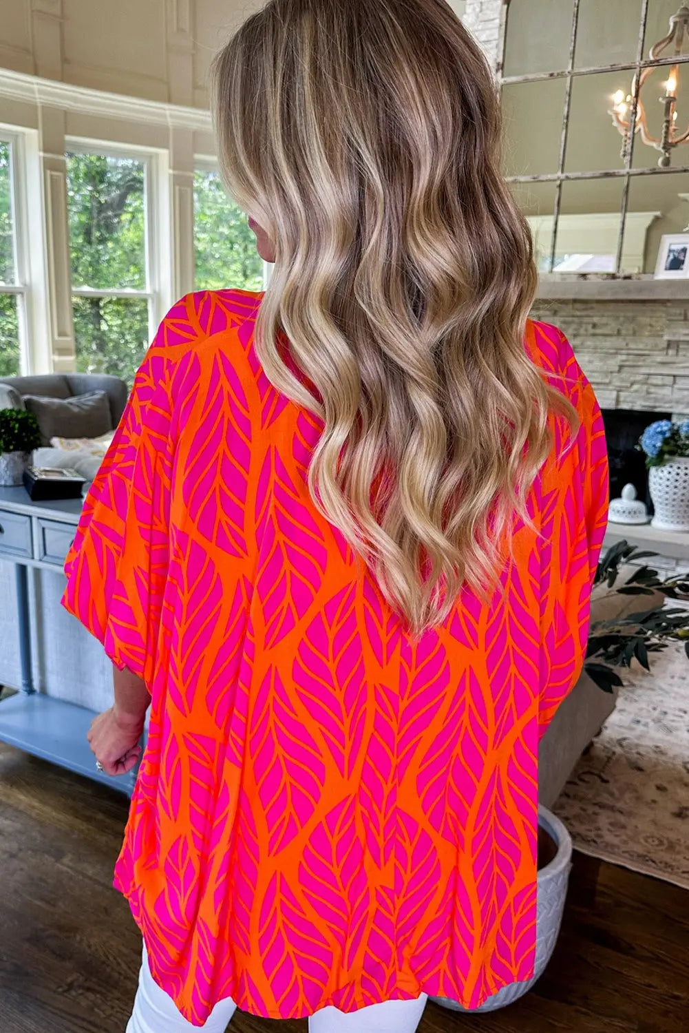 Rose Tropical Leaf Print Smocked Puff Sleeve Blouse Beagle Boutique Fashion Outlet