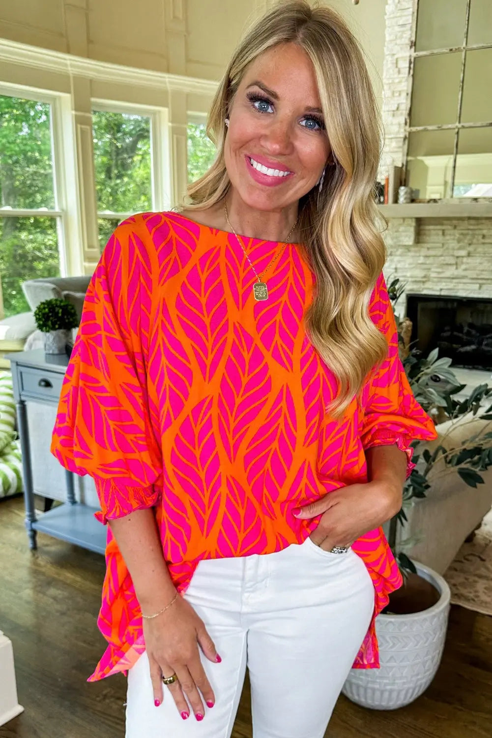 Rose Tropical Leaf Print Smocked Puff Sleeve Blouse Beagle Boutique Fashion Outlet
