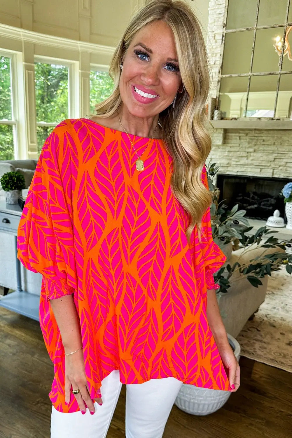 Rose Tropical Leaf Print Smocked Puff Sleeve Blouse Beagle Boutique Fashion Outlet