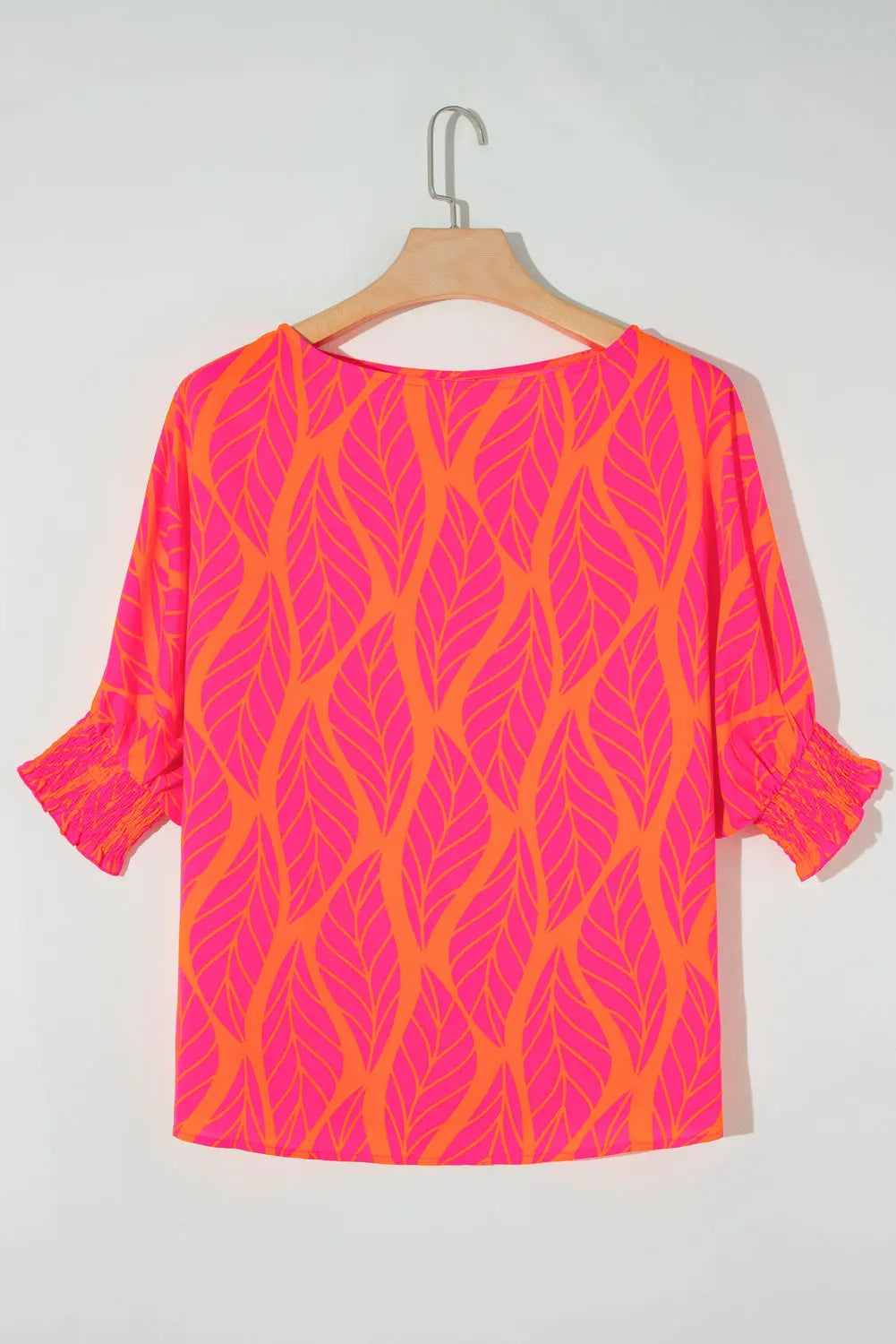 Rose Tropical Leaf Print Smocked Puff Sleeve Blouse Beagle Boutique Fashion Outlet