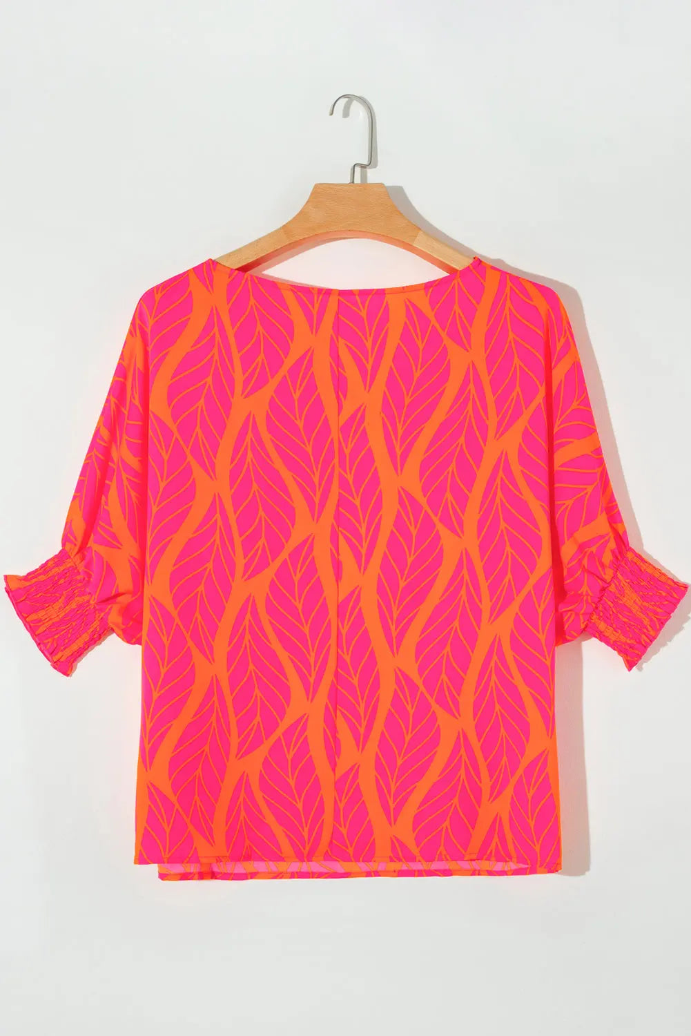Rose Tropical Leaf Print Smocked Puff Sleeve Blouse Beagle Boutique Fashion Outlet