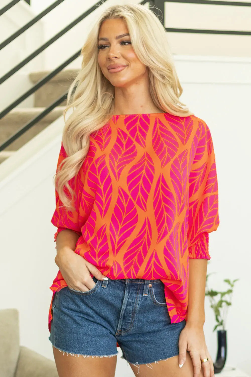 Rose Tropical Leaf Print Smocked Puff Sleeve Blouse Beagle Boutique Fashion Outlet