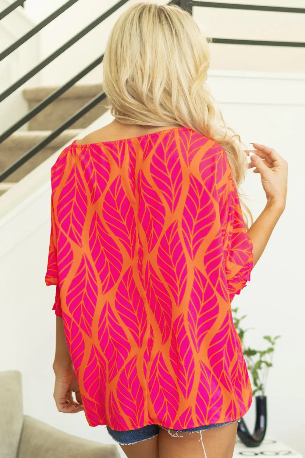 Rose Tropical Leaf Print Smocked Puff Sleeve Blouse Beagle Boutique Fashion Outlet