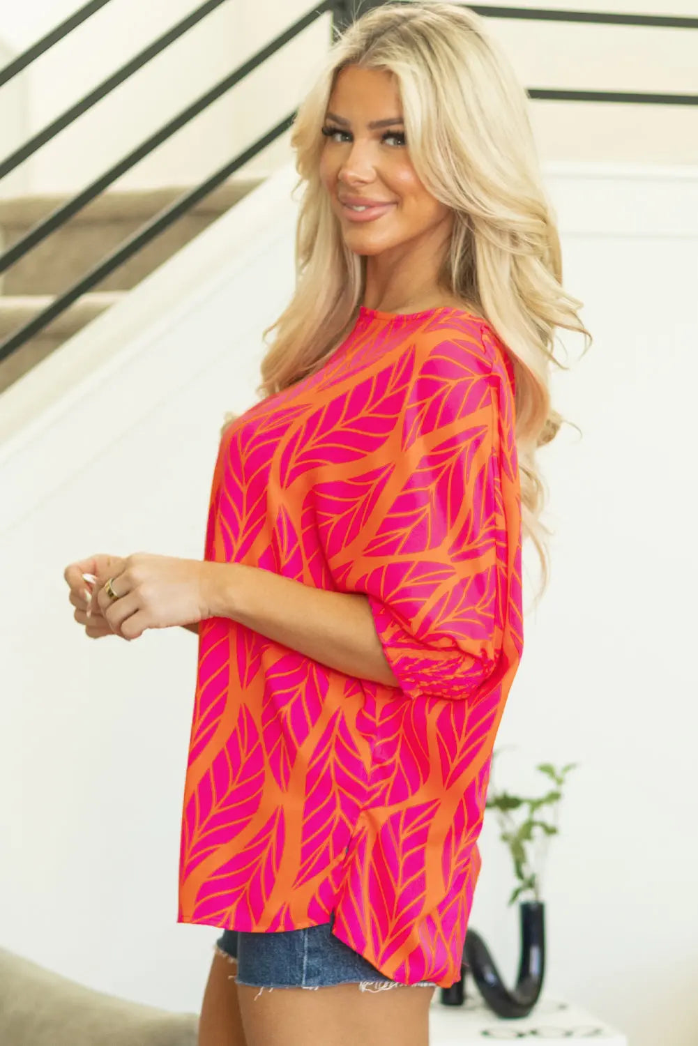 Rose Tropical Leaf Print Smocked Puff Sleeve Blouse Beagle Boutique Fashion Outlet