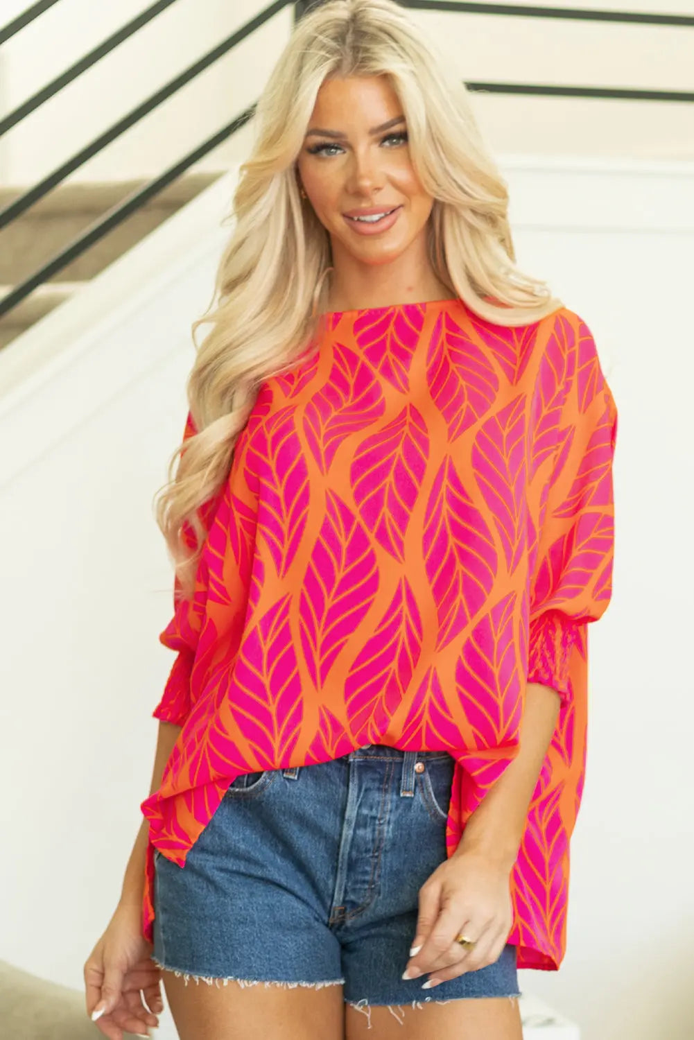 Rose Tropical Leaf Print Smocked Puff Sleeve Blouse Beagle Boutique Fashion Outlet