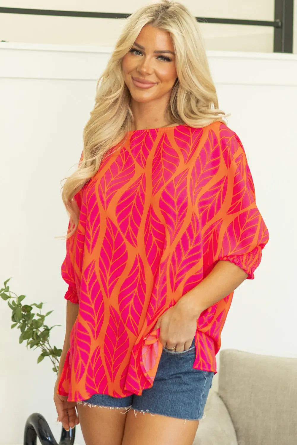 Rose Tropical Leaf Print Smocked Puff Sleeve Blouse Beagle Boutique Fashion Outlet