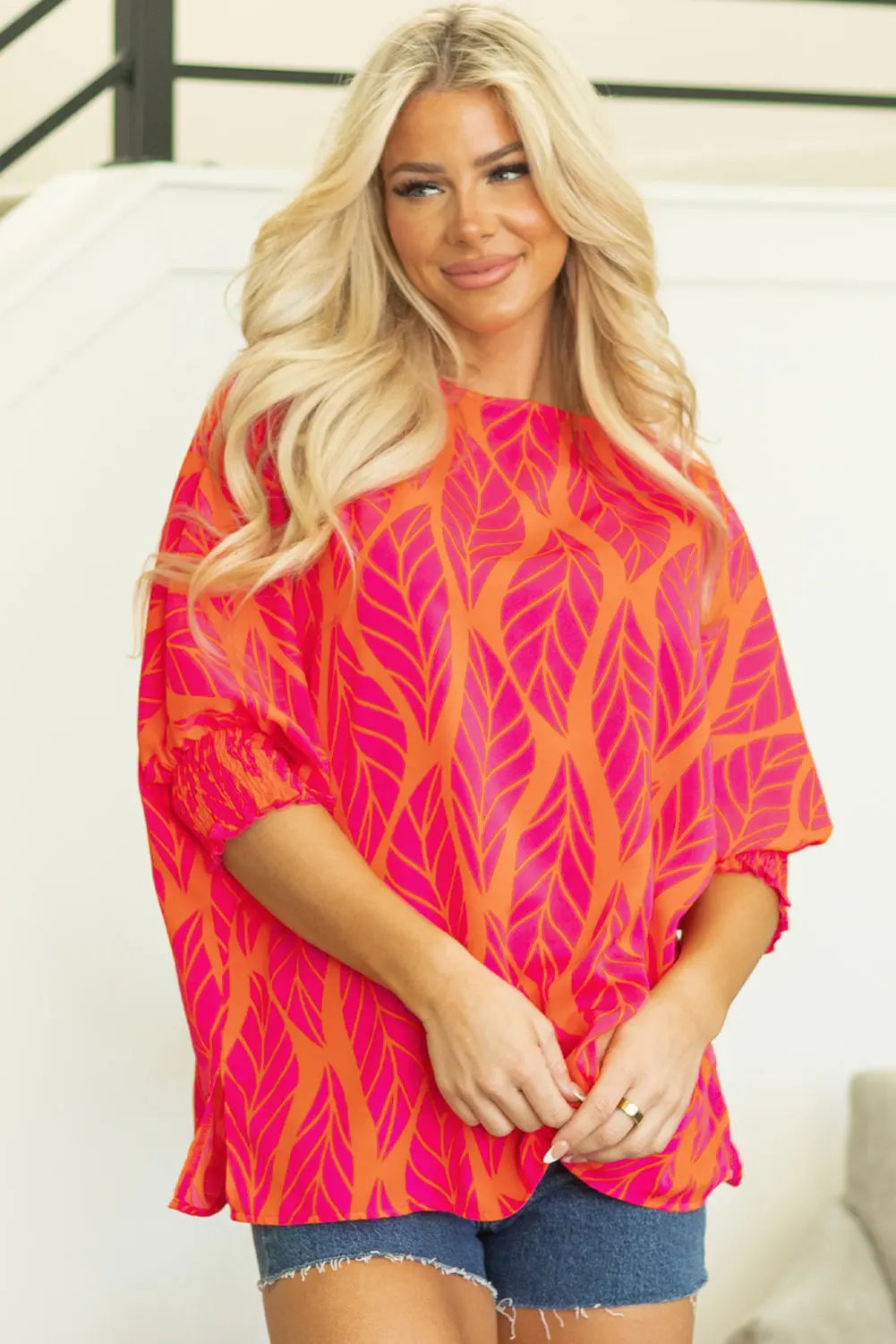 Rose Tropical Leaf Print Smocked Puff Sleeve Blouse Beagle Boutique Fashion Outlet