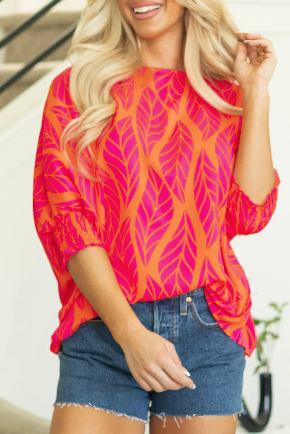 Rose Tropical Leaf Print Smocked Puff Sleeve Blouse Beagle Boutique Fashion Outlet