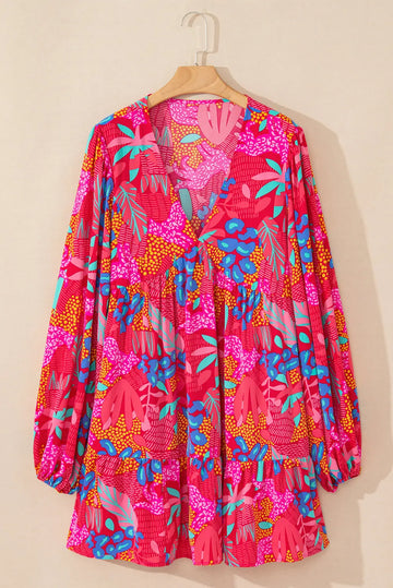 Rose Tropical Printed Lantern Sleeve V Neck Ruffled Plus Size Mini Dress - eAura