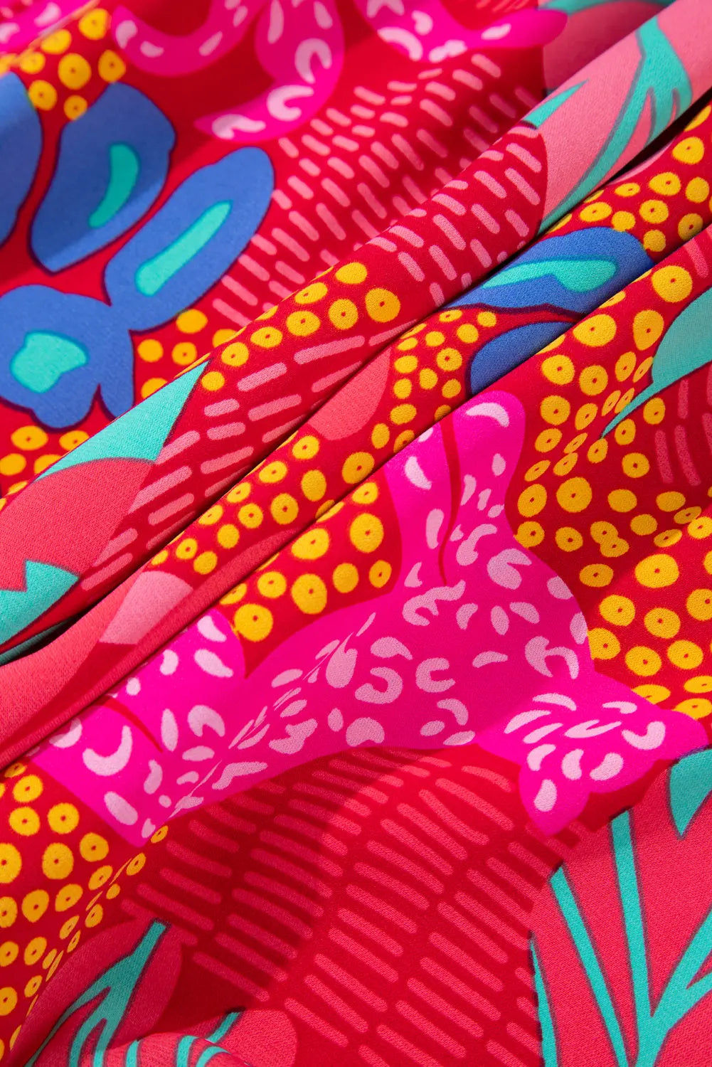 Rose Tropical Printed Lantern Sleeve V Neck Ruffled Plus Size Mini Dress - eAura