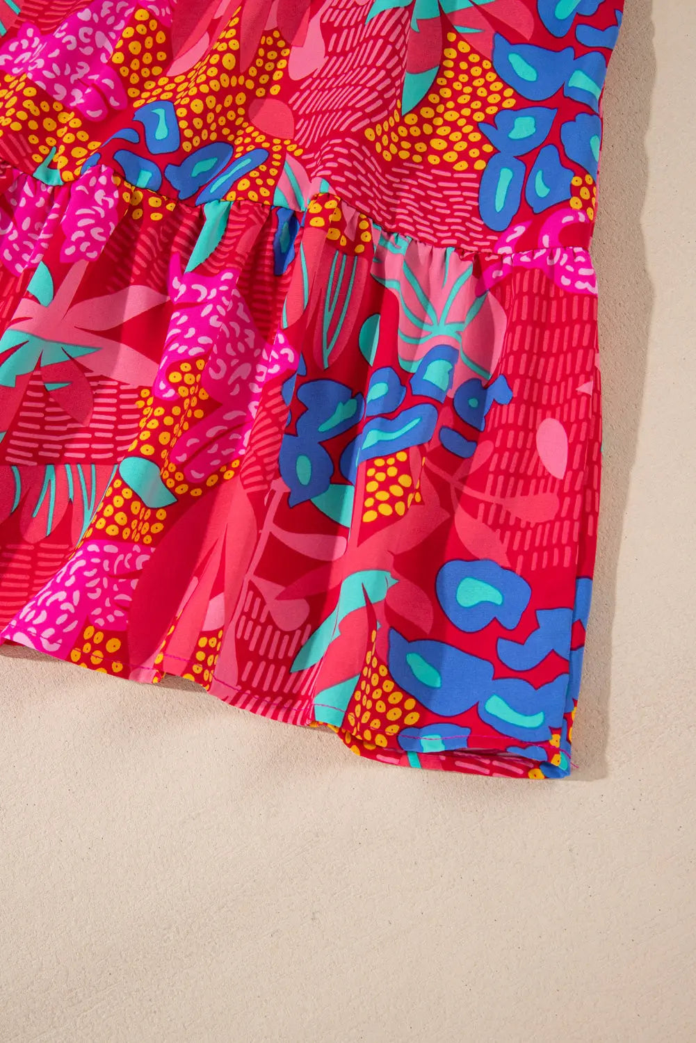 Rose Tropical Printed Lantern Sleeve V Neck Ruffled Plus Size Mini Dress - eAura