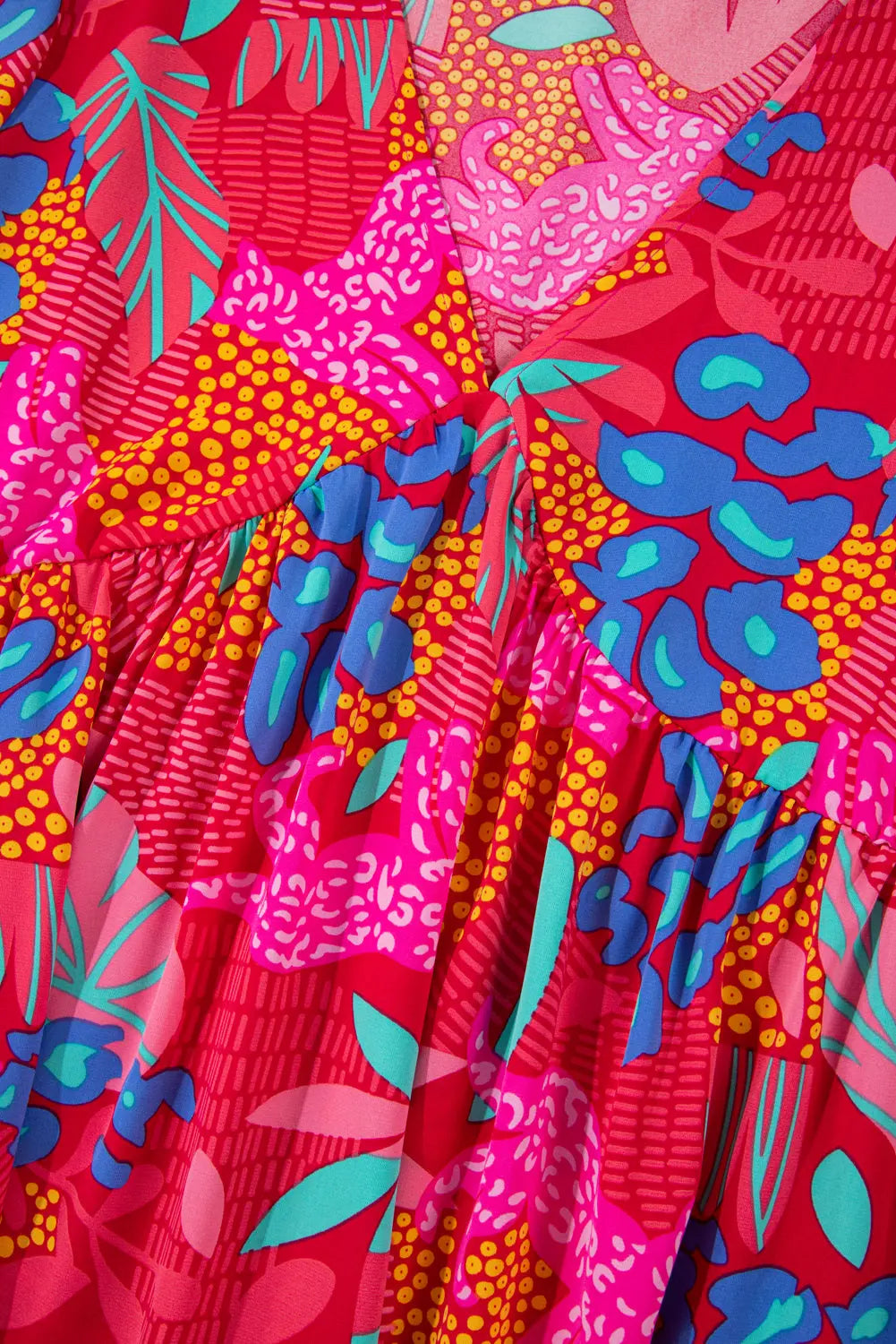 Rose Tropical Printed Lantern Sleeve V Neck Ruffled Plus Size Mini Dress - eAura