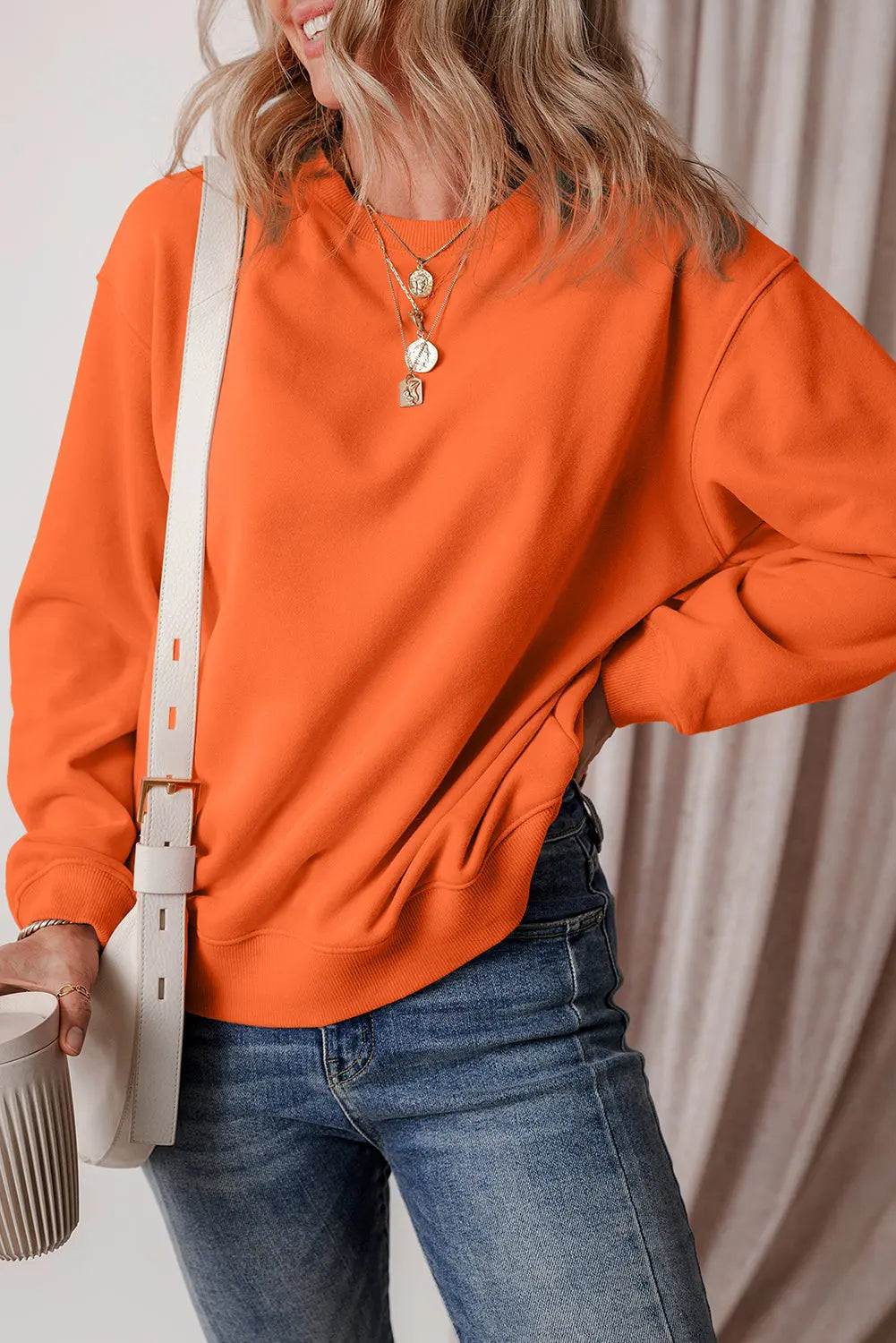 Russet Orange Solid Fleece Lined Drop Shoulder Terry Sweatshirt eAura