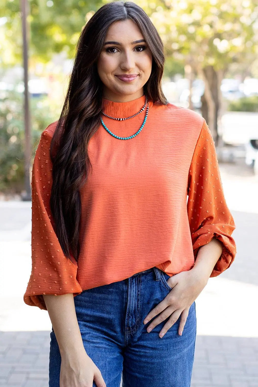 Russet Orange Swiss Dot Balloon Sleeve Loose Blouse - BB Fashion Outlet