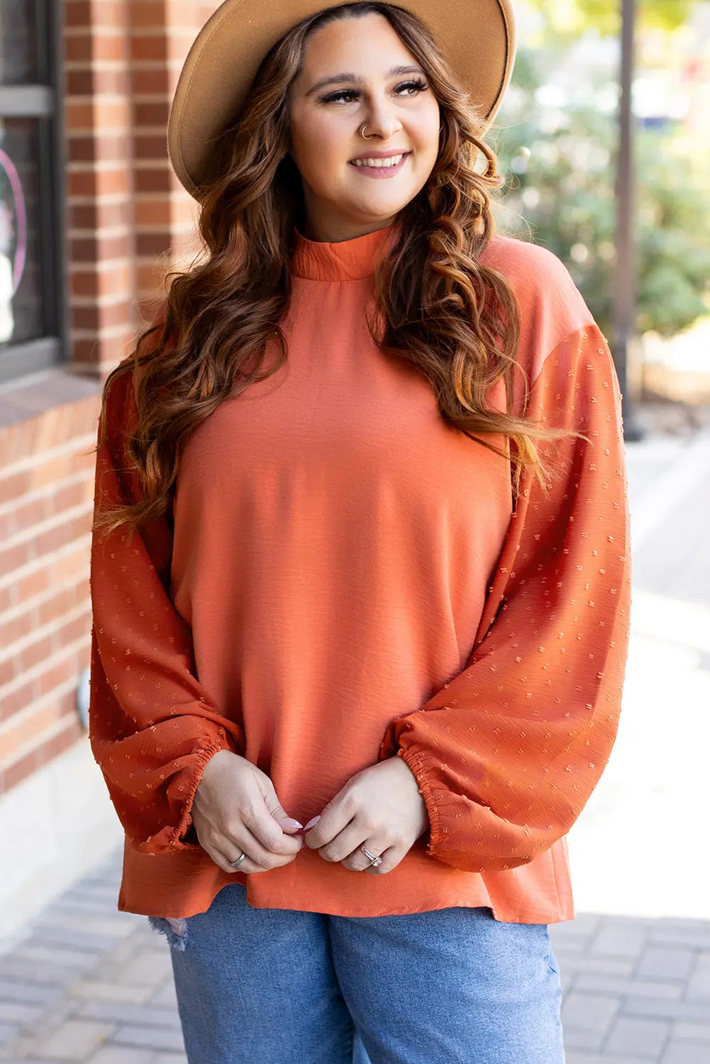 Russet Orange Swiss Dot Balloon Sleeve Loose Blouse - BB Fashion Outlet