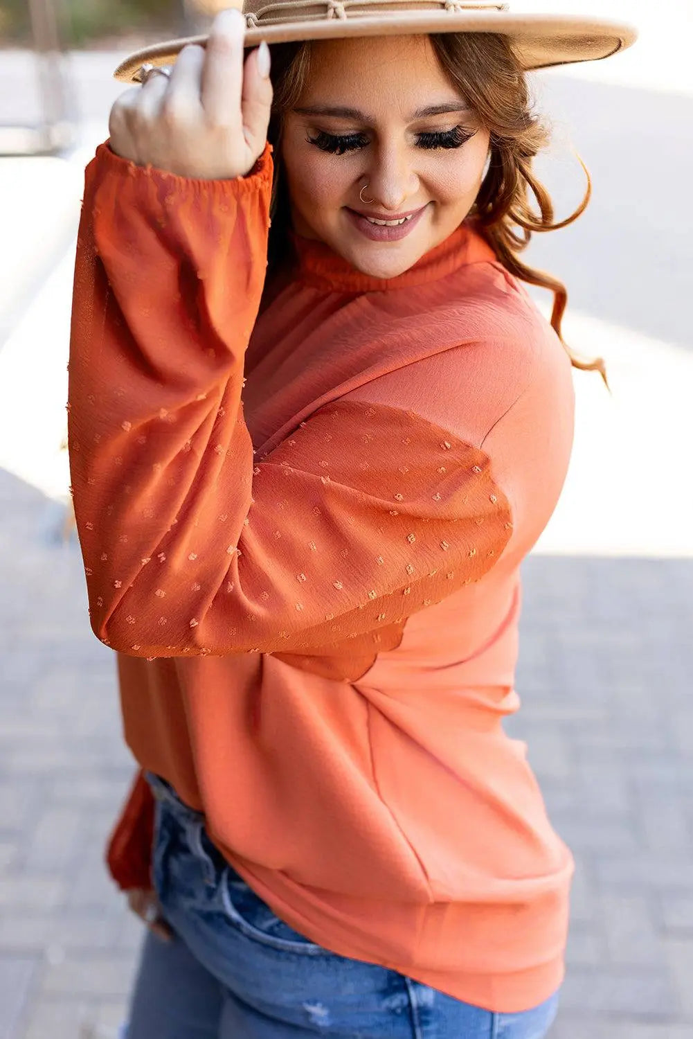 Russet Orange Swiss Dot Balloon Sleeve Loose Blouse - BB Fashion Outlet