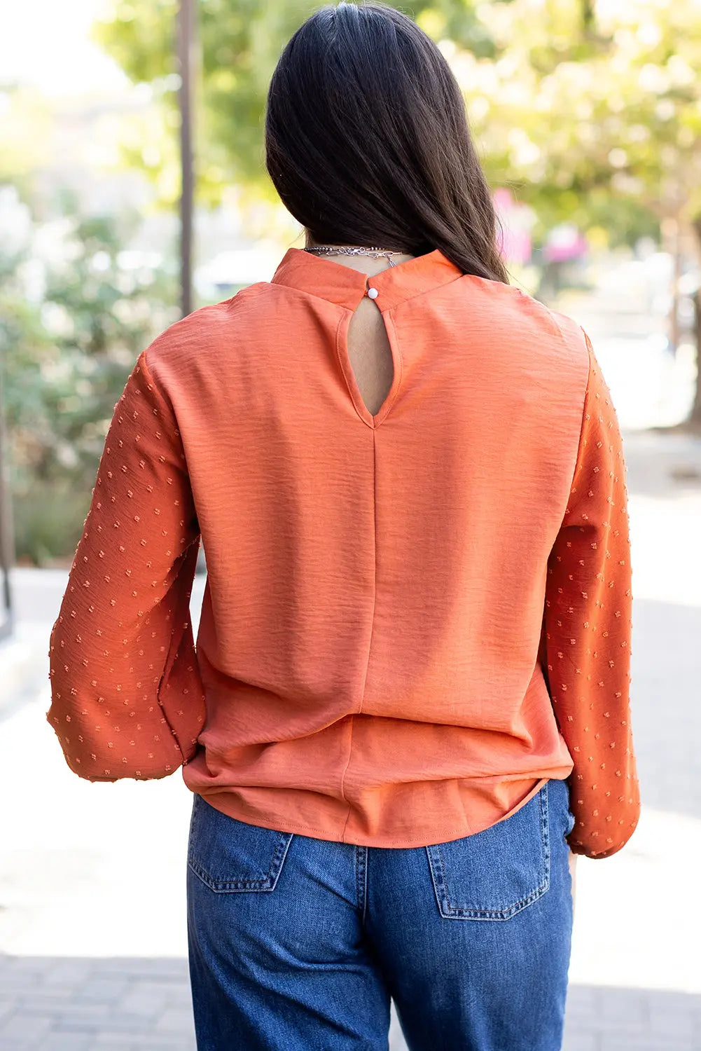 Russet Orange Swiss Dot Balloon Sleeve Loose Blouse - BB Fashion Outlet