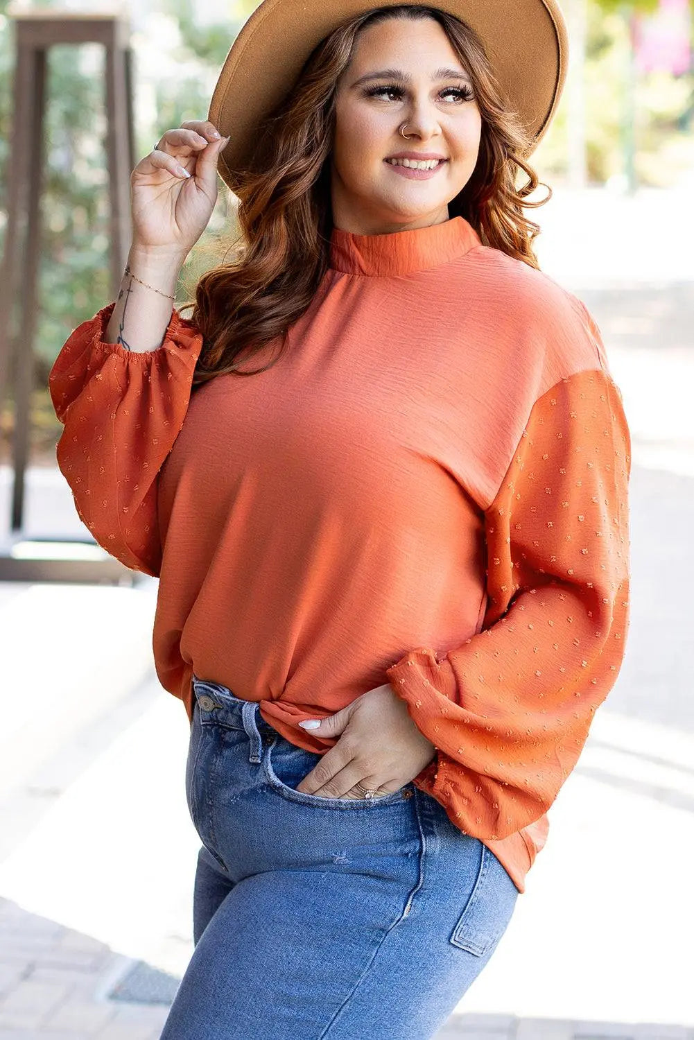 Russet Orange Swiss Dot Balloon Sleeve Loose Blouse - BB Fashion Outlet