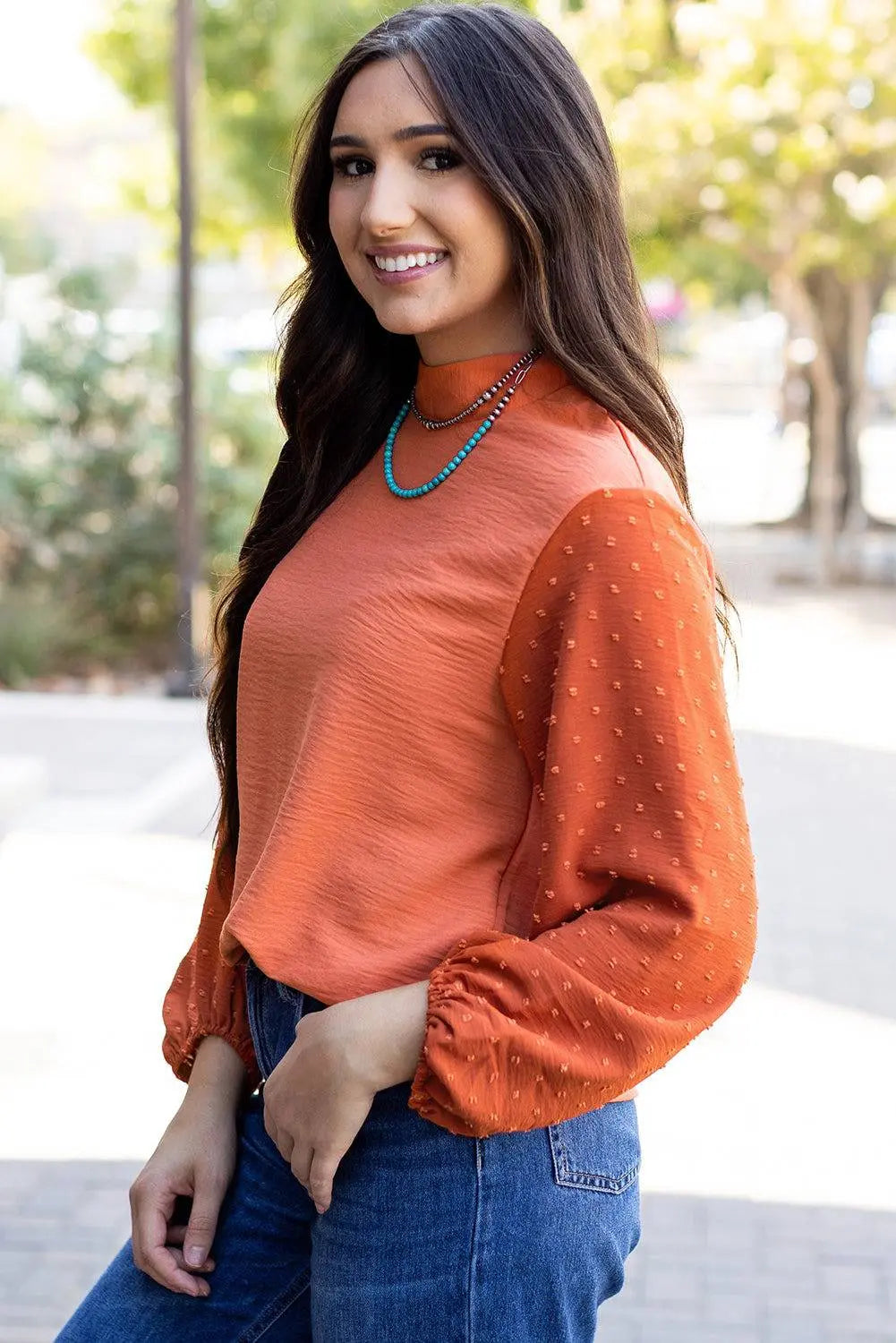 Russet Orange Swiss Dot Balloon Sleeve Loose Blouse - BB Fashion Outlet