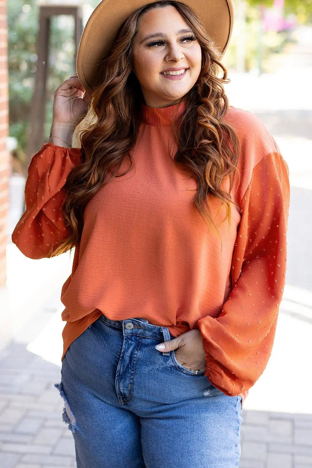 Russet Orange Swiss Dot Balloon Sleeve Loose Blouse - BB Fashion Outlet