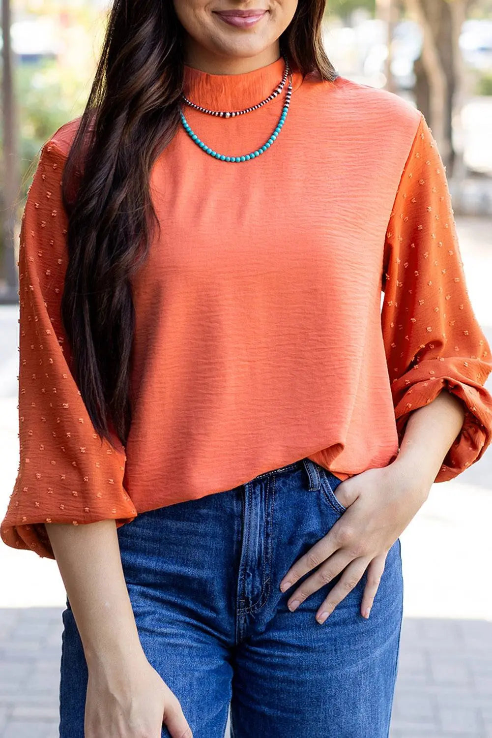 Russet Orange Swiss Dot Balloon Sleeve Loose Blouse - BB Fashion Outlet