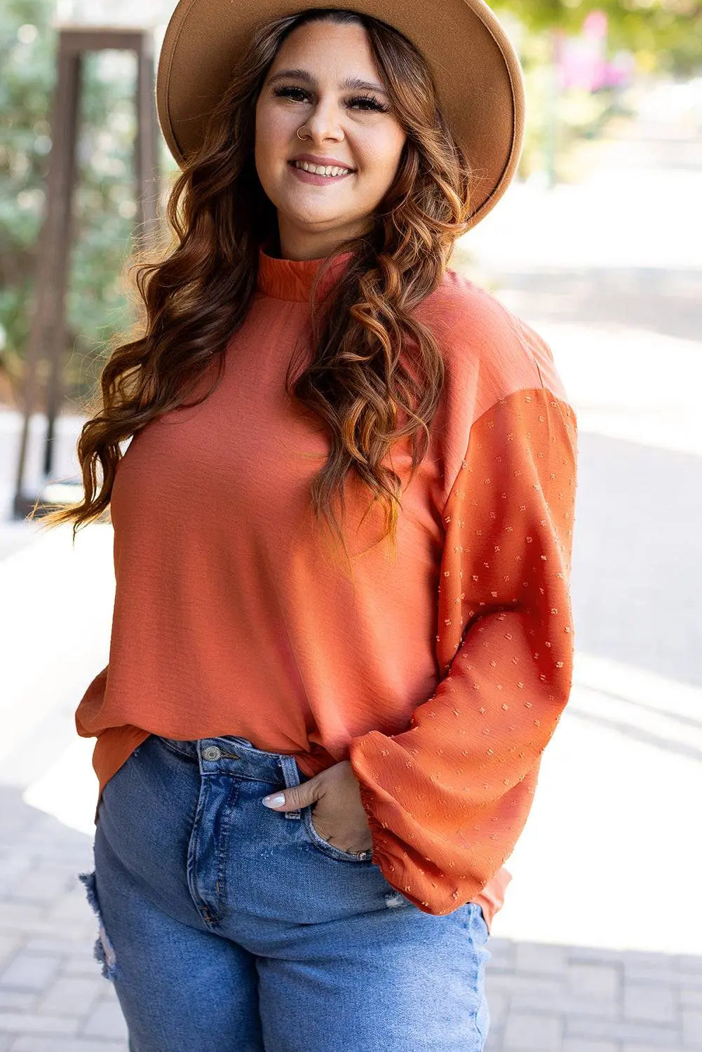 Russet Orange Swiss Dot Balloon Sleeve Loose Blouse - BB Fashion Outlet