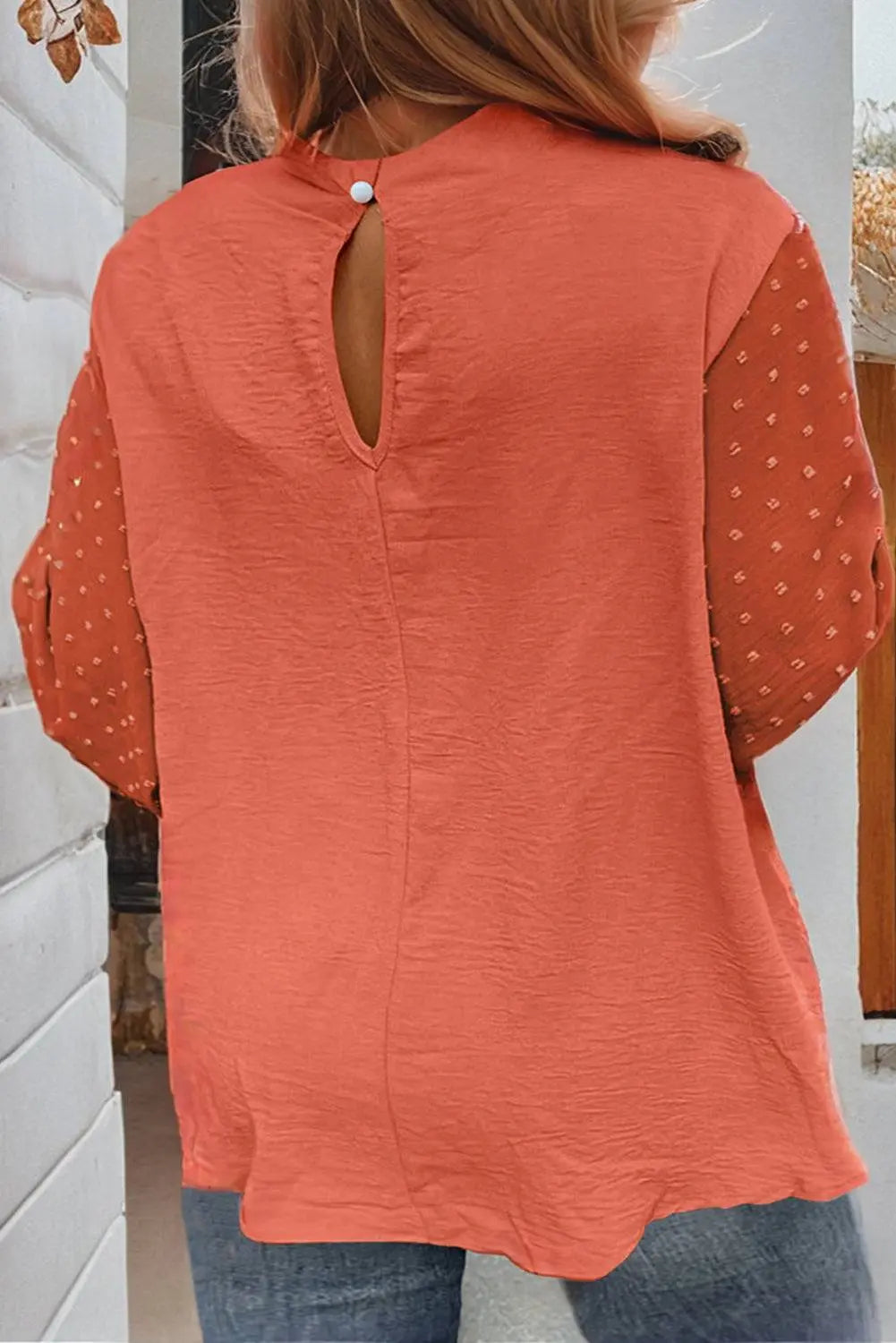 Russet Orange Swiss Dot Balloon Sleeve Loose Blouse - BB Fashion Outlet