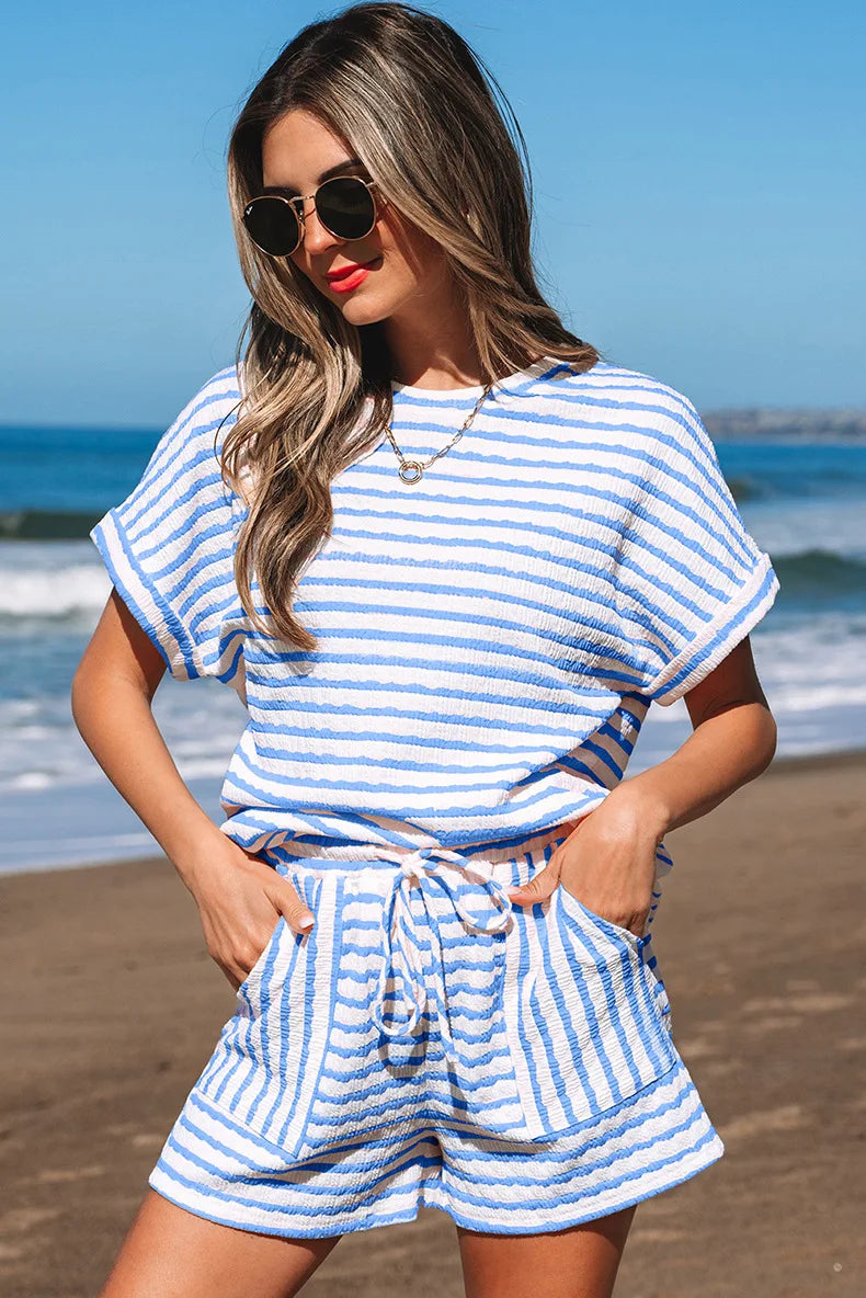 Striped Casual 2 Piece Co-ord Set Short Sleeve T-Shirt NS Drawstring Shorts eprolo