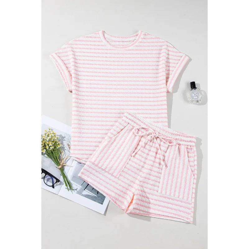 Striped Casual 2 Piece Co-ord Set Short Sleeve T-Shirt NS Drawstring Shorts eprolo