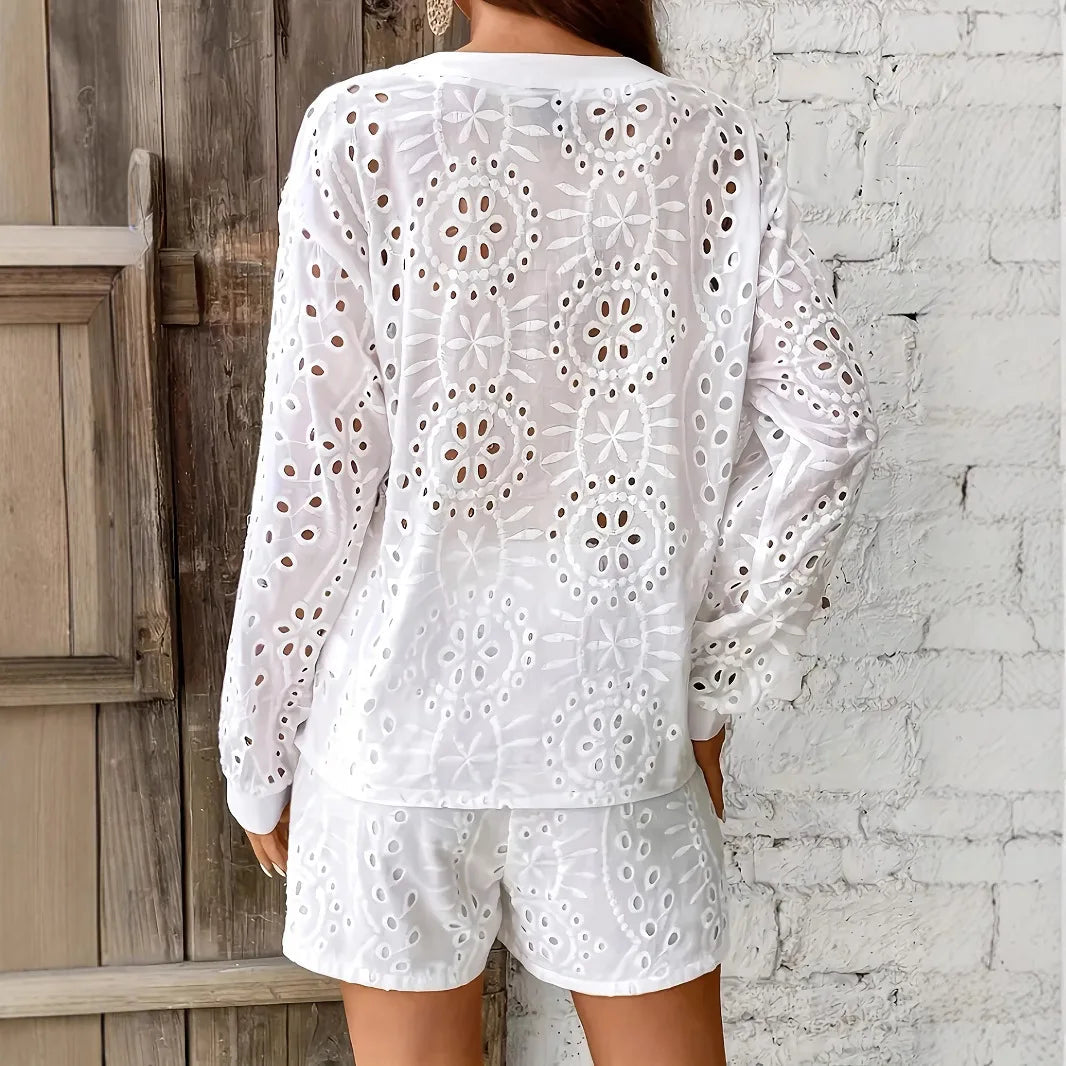 Hollow Out Broderie Anglaise 2 Piece Co-ord Set Blouse and Shorts eprolo