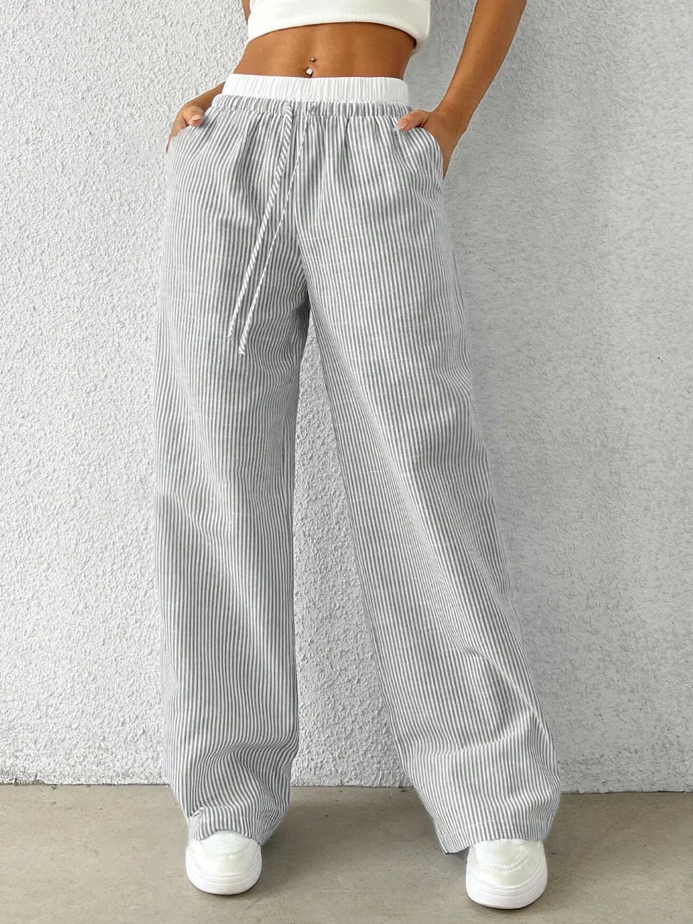 Loose Drawstring Trousers Black Striped eprolo