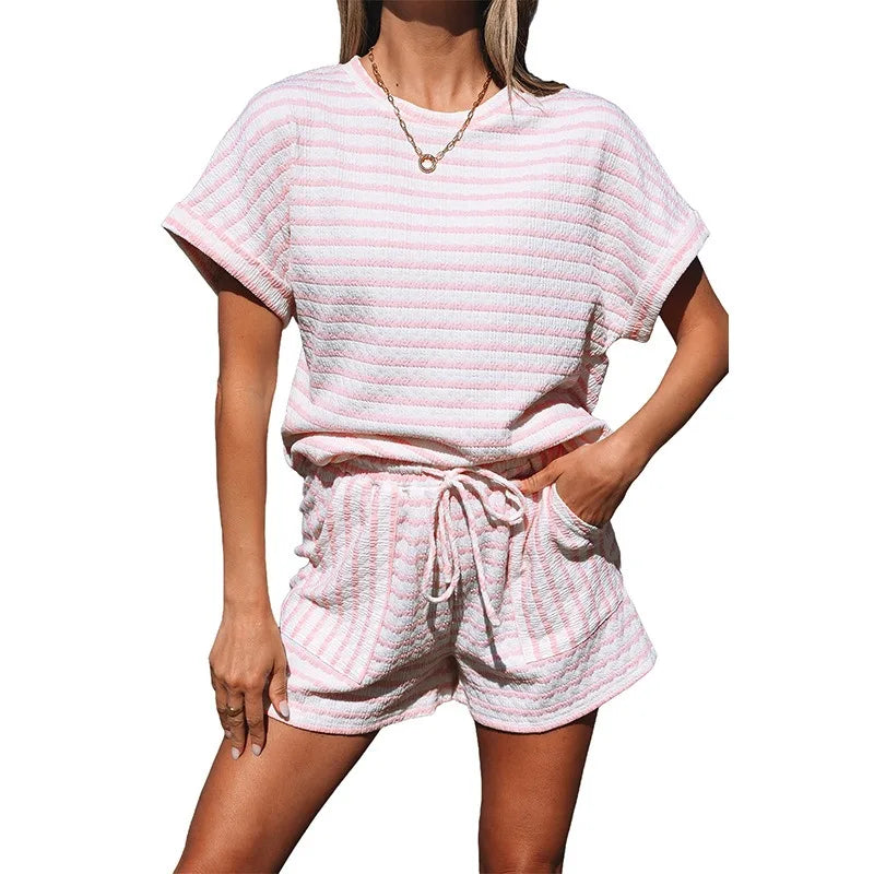 Striped Casual 2 Piece Co-ord Set Short Sleeve T-Shirt NS Drawstring Shorts eprolo