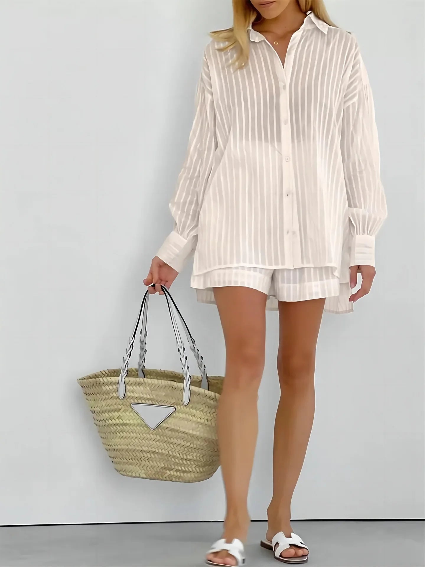 Striped Casual 2 Piece Co-ord Set Long Sleeve Shirt and Shorts eprolo