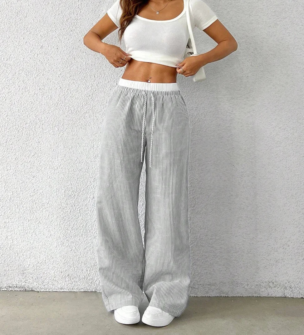 Loose Drawstring Trousers Black Striped eprolo