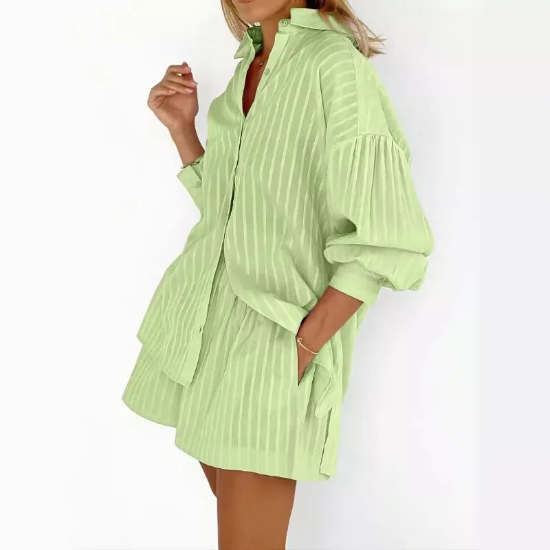 Striped Casual 2 Piece Co-ord Set Long Sleeve Shirt and Shorts eprolo
