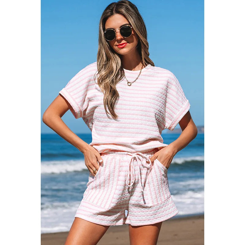 Striped Casual 2 Piece Co-ord Set Short Sleeve T-Shirt NS Drawstring Shorts eprolo