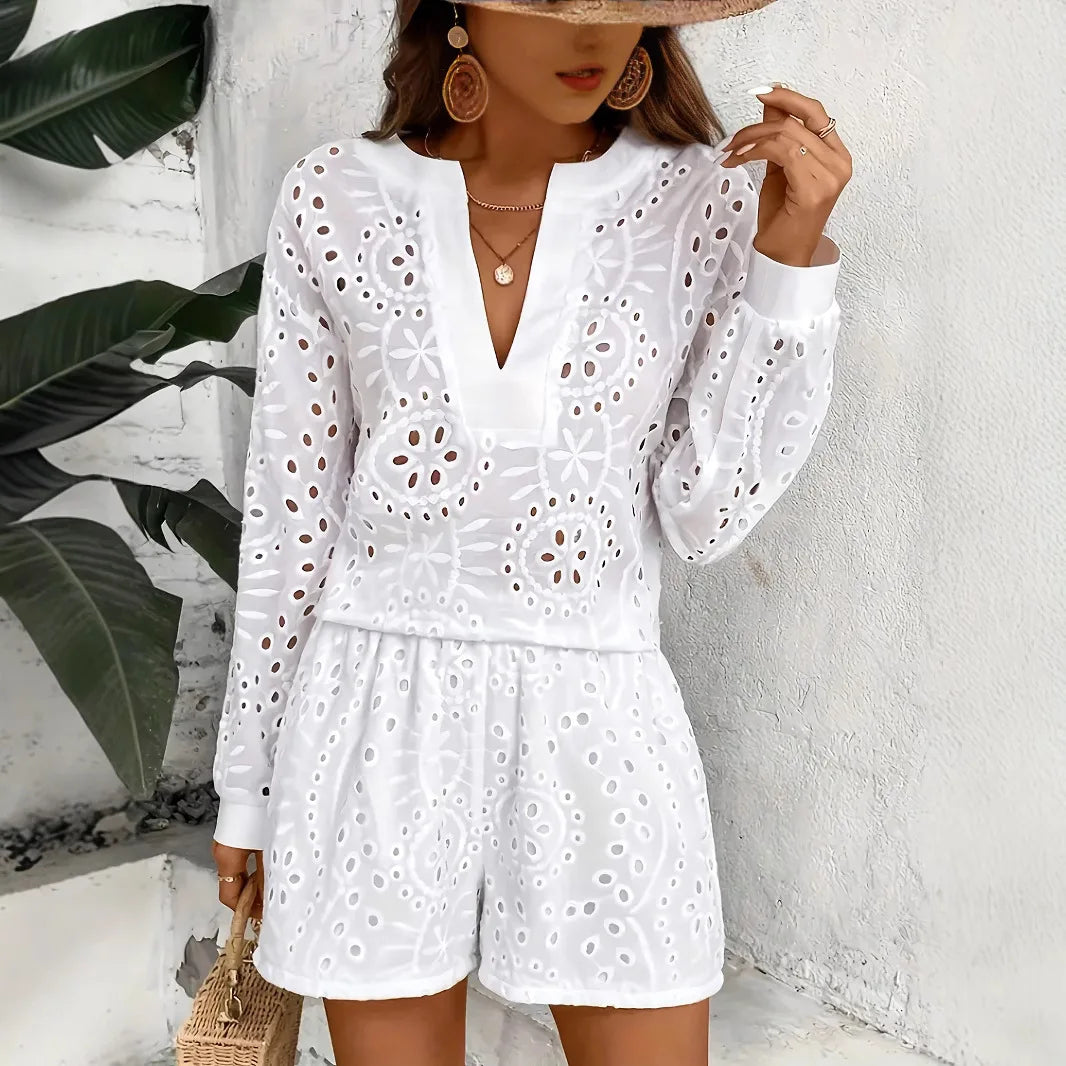 Hollow Out Broderie Anglaise 2 Piece Co-ord Set Blouse and Shorts eprolo