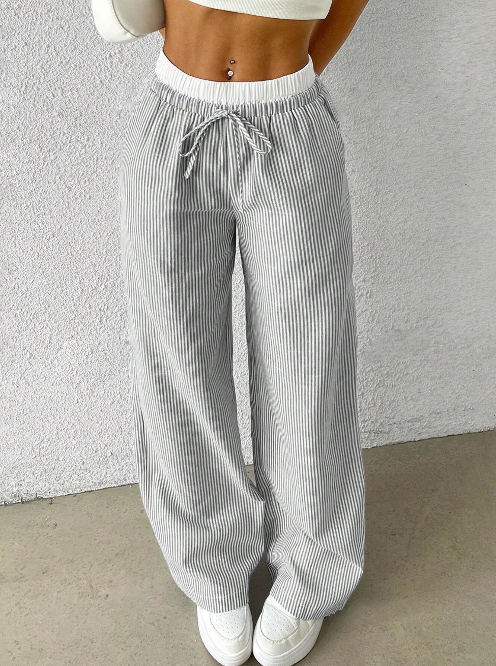 Loose Drawstring Trousers Black Striped eprolo
