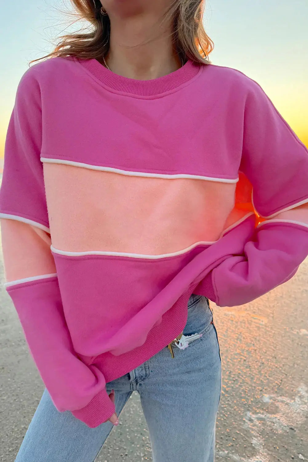 Sachet Pink Colourblock Patchwork Drop Shoulder Ribbed Trim Sweatshirt Beagle Boutique Fashion Outlet